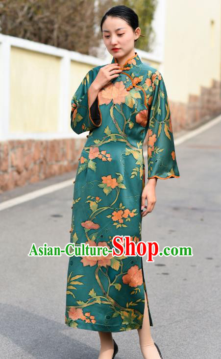 Chinese Traditional Green Silk Qipao Dress Costume National Young Lady Stand Collar Cheongsam
