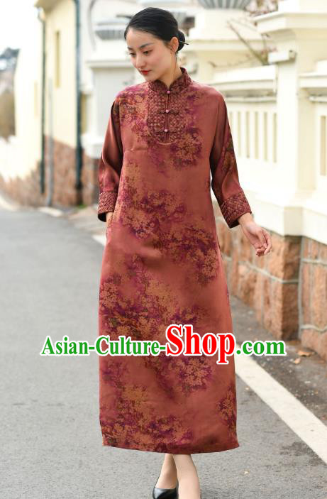 Chinese Traditional Printing Flowers Qipao Dress Costume National Young Lady Brown Cheongsam