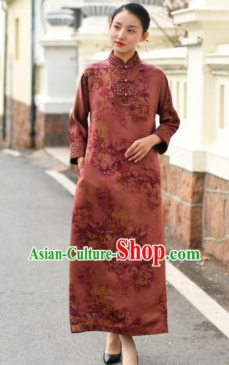 Chinese Traditional Printing Flowers Qipao Dress Costume National Young Lady Brown Cheongsam