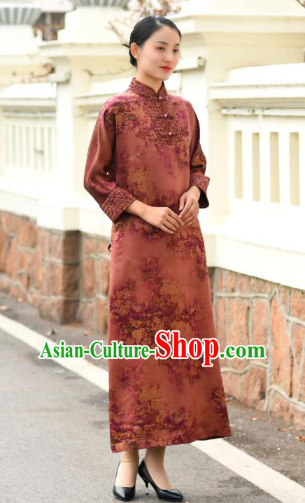 Chinese Traditional Printing Flowers Qipao Dress Costume National Young Lady Brown Cheongsam