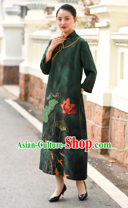 Chinese Traditional Printing Lotus Qipao Dress Costume National Young Lady Deep Green Silk Cheongsam