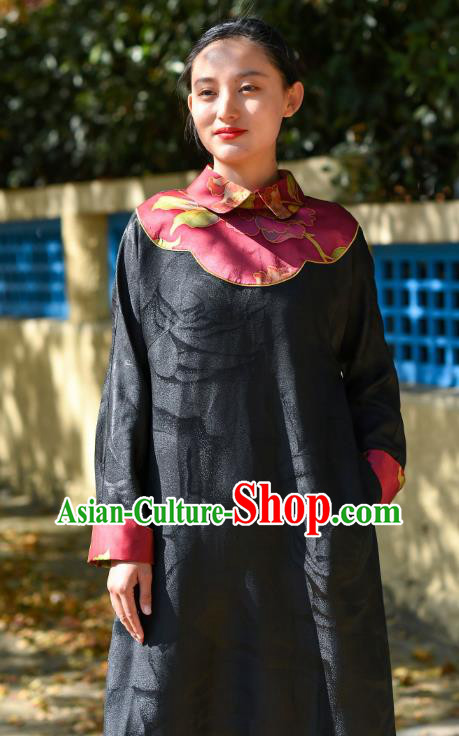 Chinese Traditional Stand Collar Qipao Dress Costume National Young Lady Black Silk Cheongsam