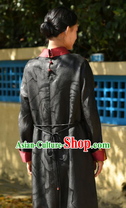 Chinese Traditional Stand Collar Qipao Dress Costume National Young Lady Black Silk Cheongsam