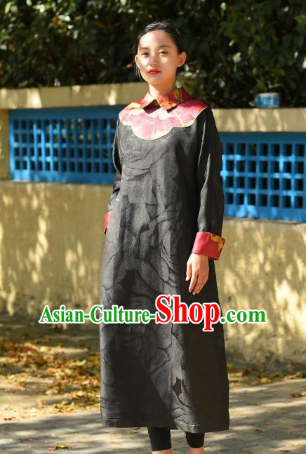 Chinese Traditional Stand Collar Qipao Dress Costume National Young Lady Black Silk Cheongsam