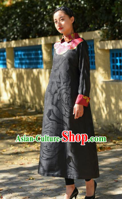 Chinese Traditional Stand Collar Qipao Dress Costume National Young Lady Black Silk Cheongsam