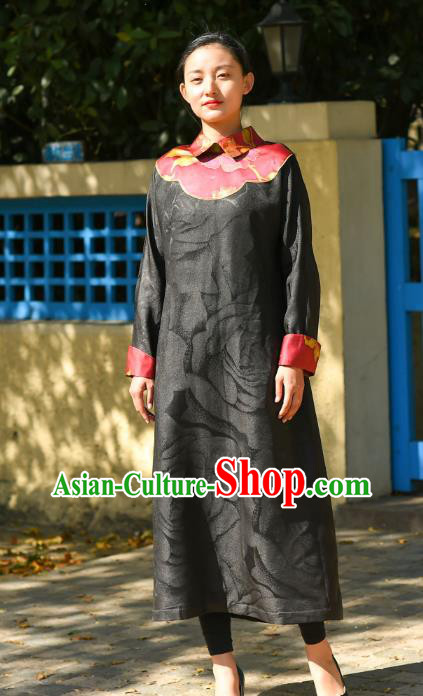 Chinese Traditional Stand Collar Qipao Dress Costume National Young Lady Black Silk Cheongsam