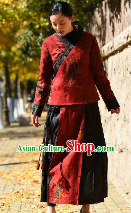 China National Red Gambiered Guangdong Gauze Skirt Traditional Woman Costume