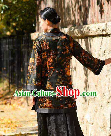 China Tang Suit Greatcoat Traditional Black Silk Cotton Wadded Jacket National Woman Outer Garment Clothing