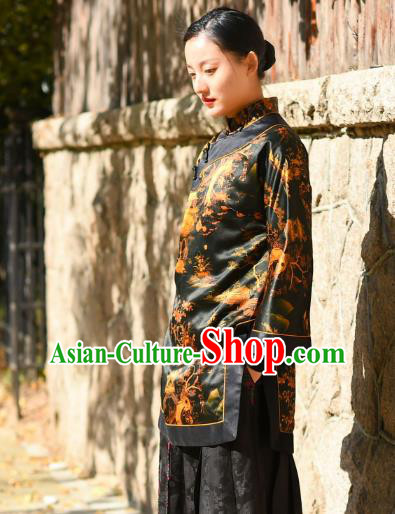 China Tang Suit Greatcoat Traditional Black Silk Cotton Wadded Jacket National Woman Outer Garment Clothing
