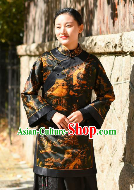 China Tang Suit Greatcoat Traditional Black Silk Cotton Wadded Jacket National Woman Outer Garment Clothing