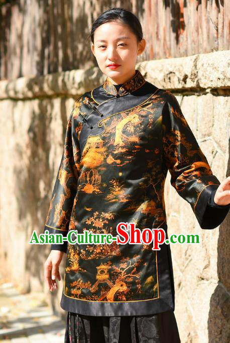 China Tang Suit Greatcoat Traditional Black Silk Cotton Wadded Jacket National Woman Outer Garment Clothing