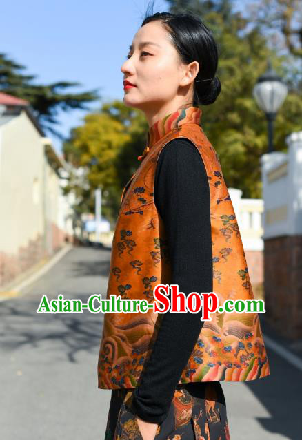 Chinese Tang Suit Golden Silk Vest National Woman Upper Outer Garment Traditional Waistcoat Clothing