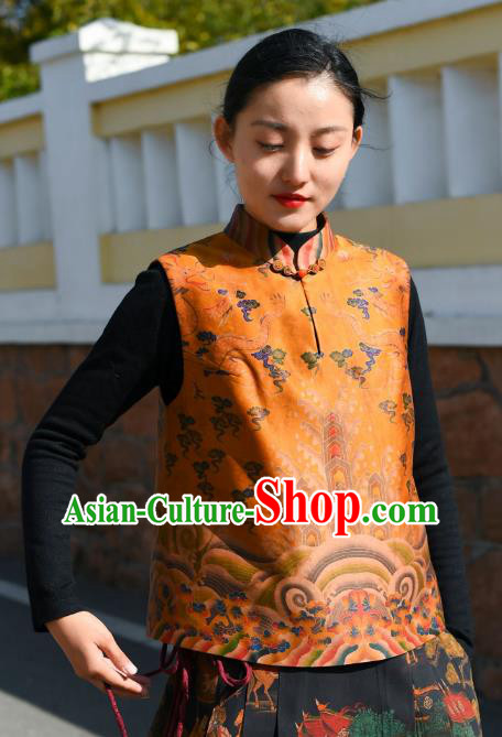 Chinese Tang Suit Golden Silk Vest National Woman Upper Outer Garment Traditional Waistcoat Clothing