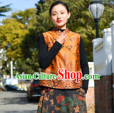Chinese Tang Suit Golden Silk Vest National Woman Upper Outer Garment Traditional Waistcoat Clothing