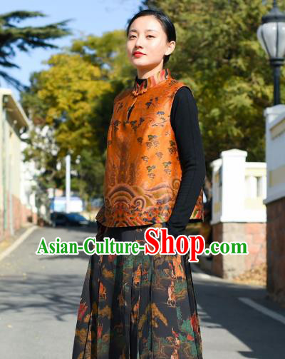 Chinese Tang Suit Golden Silk Vest National Woman Upper Outer Garment Traditional Waistcoat Clothing