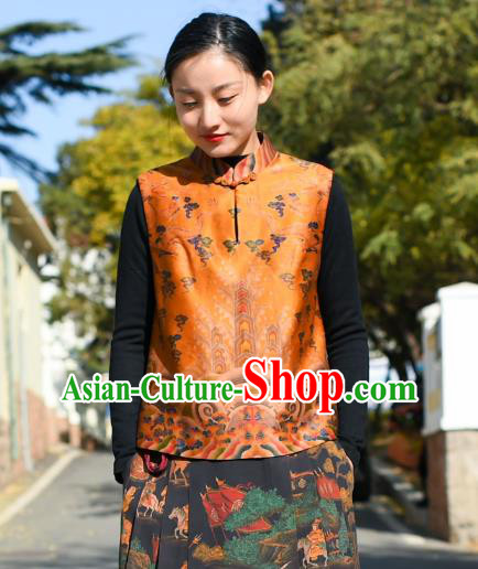 Chinese Tang Suit Golden Silk Vest National Woman Upper Outer Garment Traditional Waistcoat Clothing