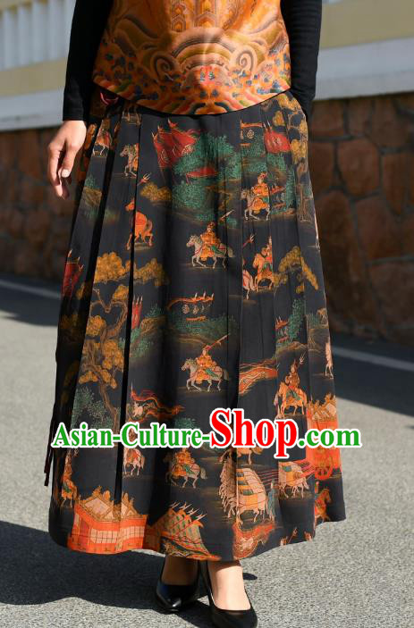 China National Gambiered Guangdong Gauze Skirt Traditional Woman Printing Black Silk Skirt Costume