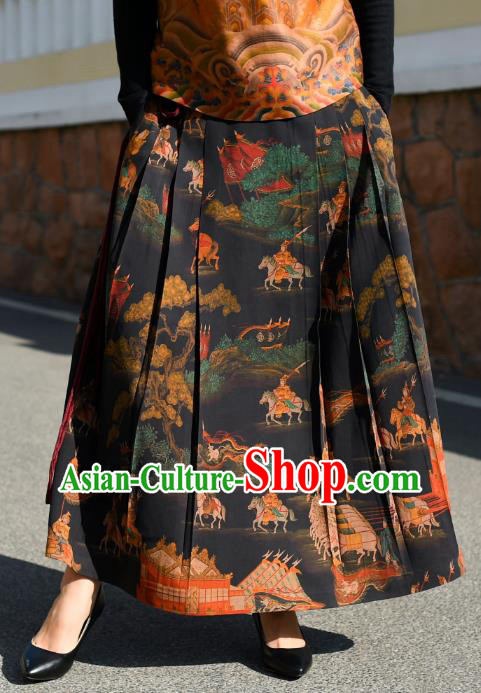 China National Gambiered Guangdong Gauze Skirt Traditional Woman Printing Black Silk Skirt Costume