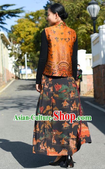 China National Gambiered Guangdong Gauze Skirt Traditional Woman Printing Black Silk Skirt Costume