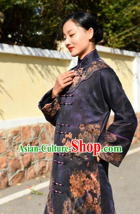 China Tang Suit Purple Silk Greatcoat Traditional Cotton Wadded Coat National Woman Outer Garment Clothing