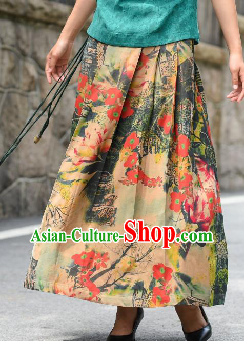 China National Woman Gambiered Guangdong Gauze Skirt Traditional Printing Flowers Silk Bust Skirt Costume
