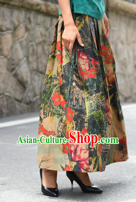 China National Woman Gambiered Guangdong Gauze Skirt Traditional Printing Flowers Silk Bust Skirt Costume
