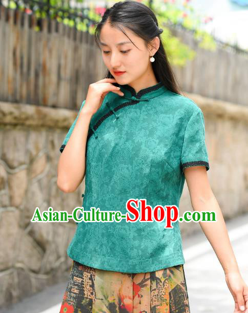 Chinese Tang Suit Green Silk Blouse National Woman Upper Outer Garment Traditional Shirt Clothing