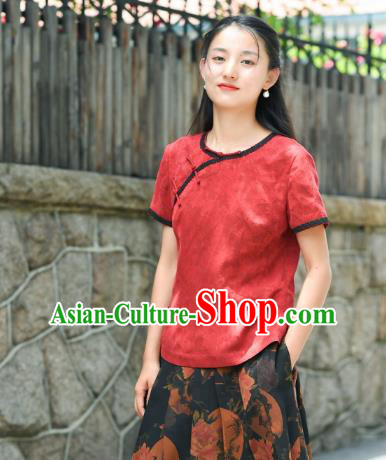 Chinese Traditional Red Silk Shirt Clothing Tang Suit Blouse National Woman Upper Outer Garment