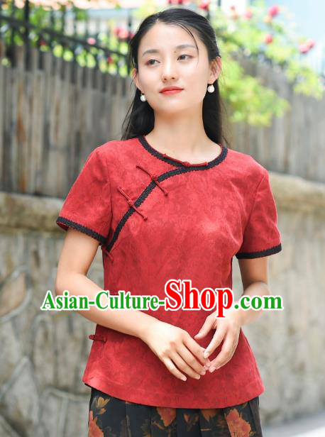 Chinese Traditional Red Silk Shirt Clothing Tang Suit Blouse National Woman Upper Outer Garment