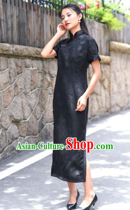 Chinese Traditional Qipao Dress Costume National Young Lady Black Silk Cheongsam