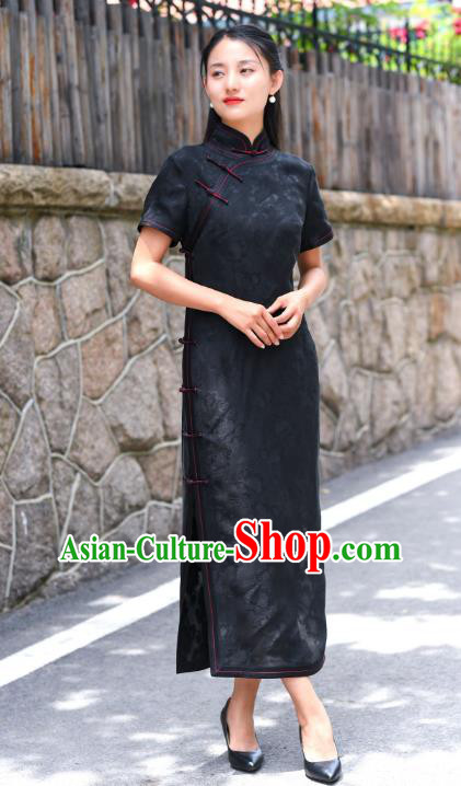 Chinese Traditional Qipao Dress Costume National Young Lady Black Silk Cheongsam