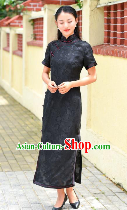 Chinese Traditional Qipao Dress Costume National Young Lady Black Silk Cheongsam
