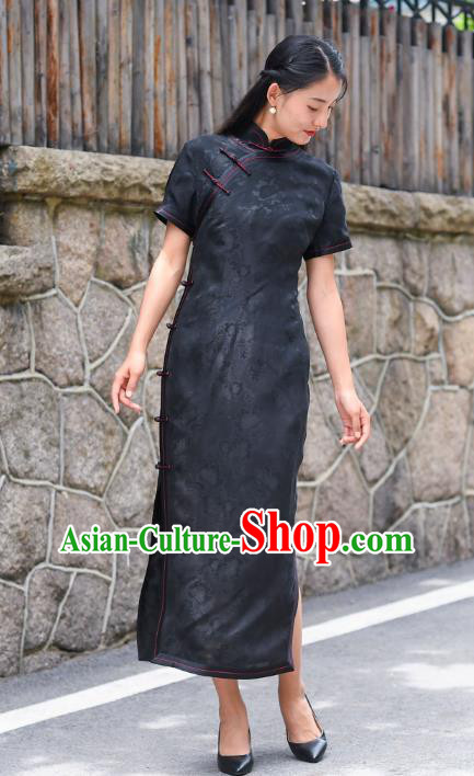 Chinese Traditional Qipao Dress Costume National Young Lady Black Silk Cheongsam