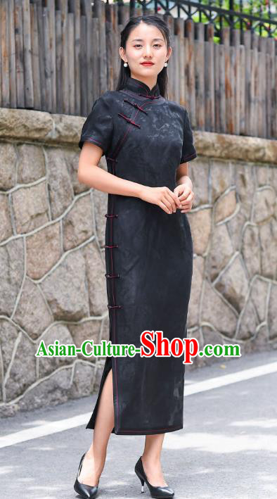 Chinese Traditional Qipao Dress Costume National Young Lady Black Silk Cheongsam