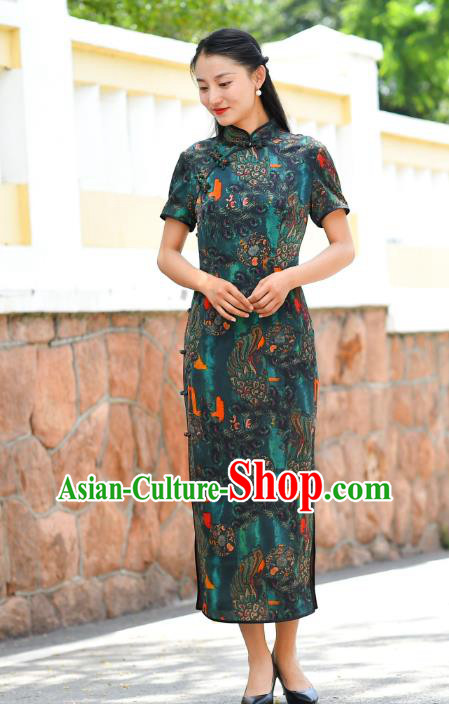 Chinese Traditional Deep Green Silk Qipao Dress Costume National Young Lady Cheongsam