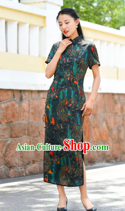 Chinese Traditional Deep Green Silk Qipao Dress Costume National Young Lady Cheongsam