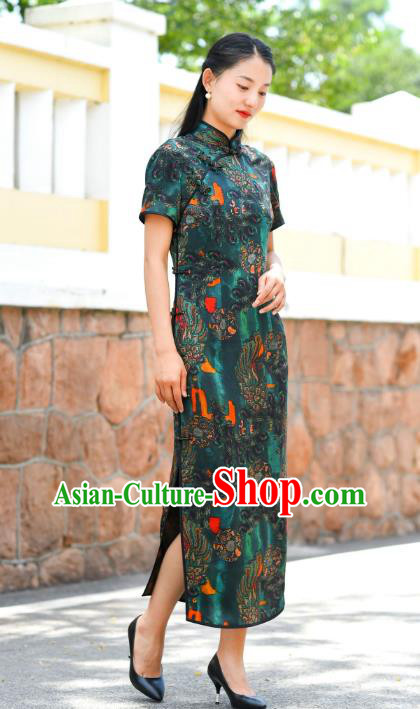 Chinese Traditional Deep Green Silk Qipao Dress Costume National Young Lady Cheongsam