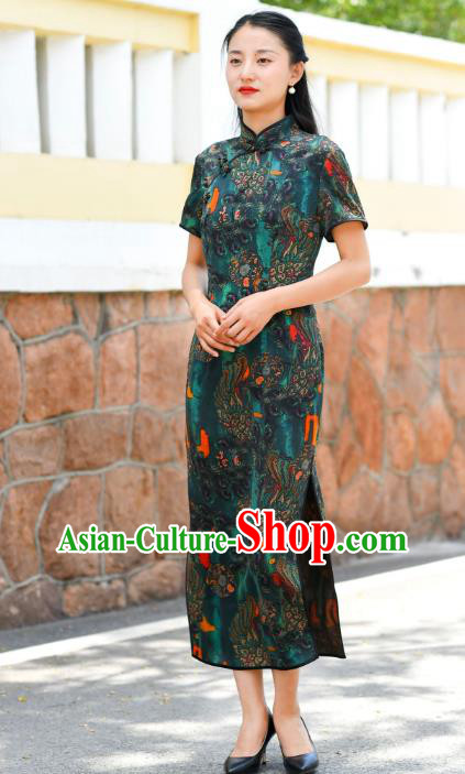 Chinese Traditional Deep Green Silk Qipao Dress Costume National Young Lady Cheongsam