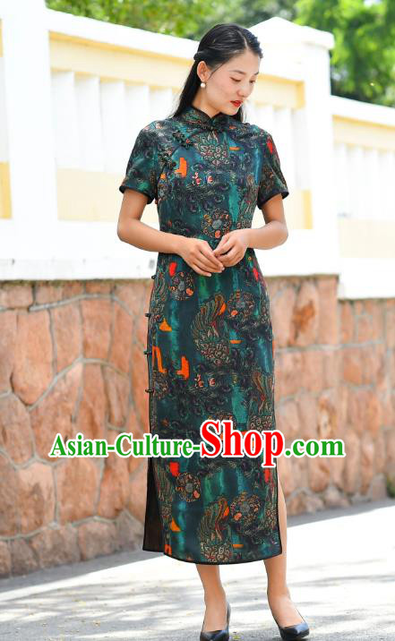 Chinese Traditional Deep Green Silk Qipao Dress Costume National Young Lady Cheongsam