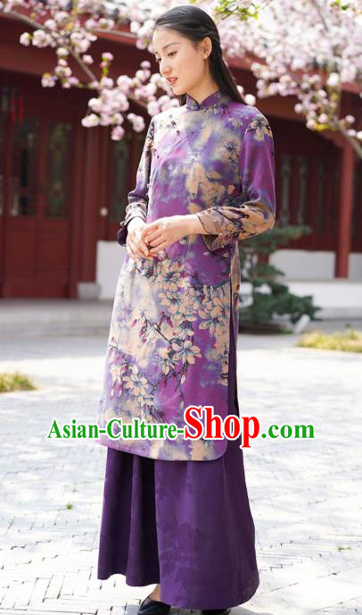 Chinese Traditional Printing Mangnolia Qipao Dress Costume National Young Lady Purple Silk Cheongsam