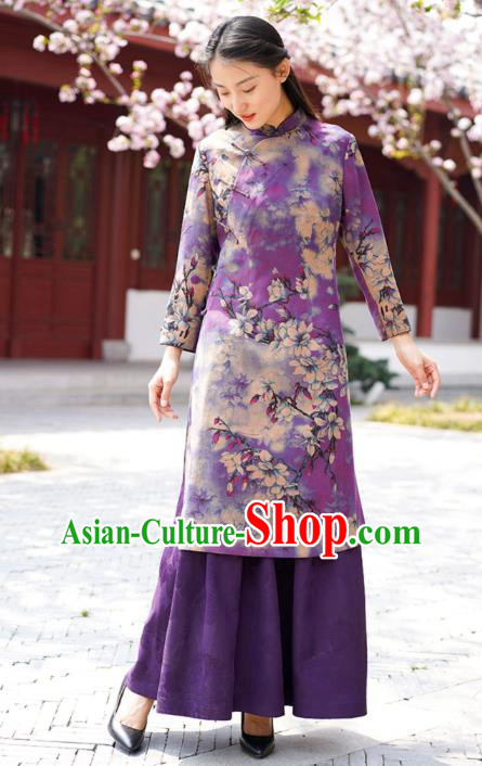 Chinese Traditional Printing Mangnolia Qipao Dress Costume National Young Lady Purple Silk Cheongsam