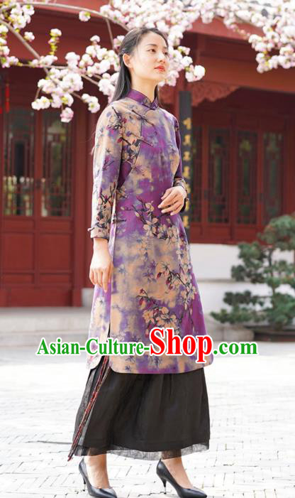 Chinese Traditional Printing Mangnolia Qipao Dress Costume National Young Lady Purple Silk Cheongsam