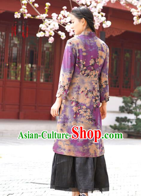 Chinese Traditional Printing Mangnolia Qipao Dress Costume National Young Lady Purple Silk Cheongsam