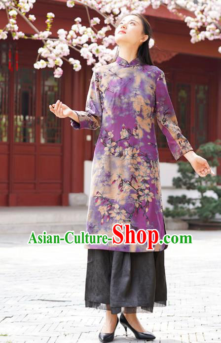 Chinese Traditional Printing Mangnolia Qipao Dress Costume National Young Lady Purple Silk Cheongsam