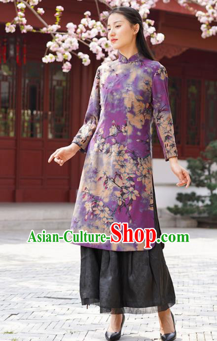 Chinese Traditional Printing Mangnolia Qipao Dress Costume National Young Lady Purple Silk Cheongsam