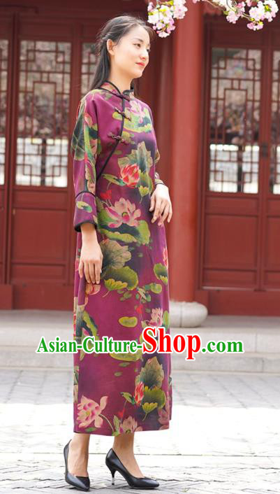 Chinese Traditional Purple Silk Qipao Dress Costume National Young Lady Printing Lotus Cheongsam