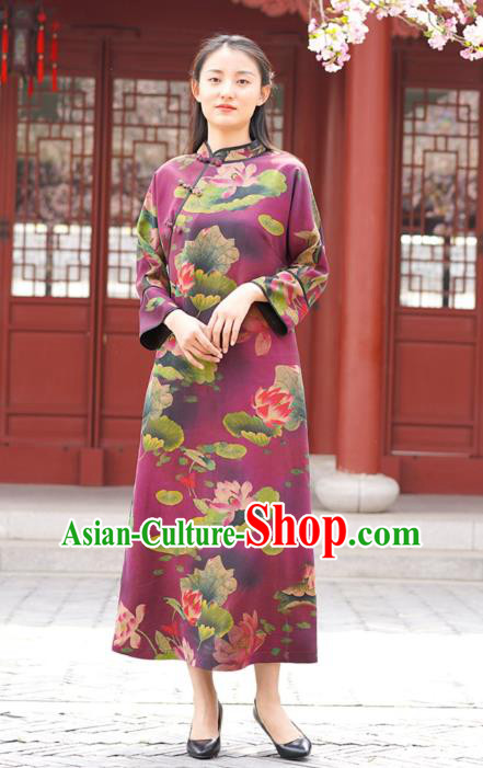 Chinese Traditional Purple Silk Qipao Dress Costume National Young Lady Printing Lotus Cheongsam