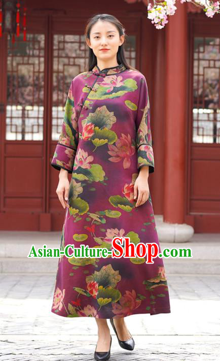 Chinese Traditional Purple Silk Qipao Dress Costume National Young Lady Printing Lotus Cheongsam