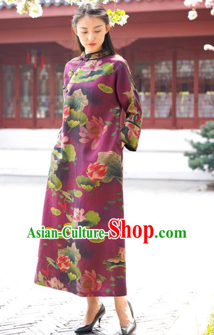 Chinese Traditional Purple Silk Qipao Dress Costume National Young Lady Printing Lotus Cheongsam