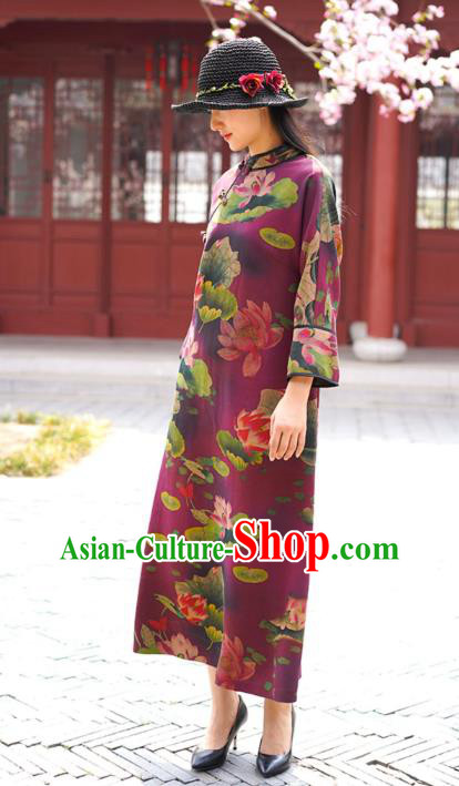 Chinese Traditional Purple Silk Qipao Dress Costume National Young Lady Printing Lotus Cheongsam